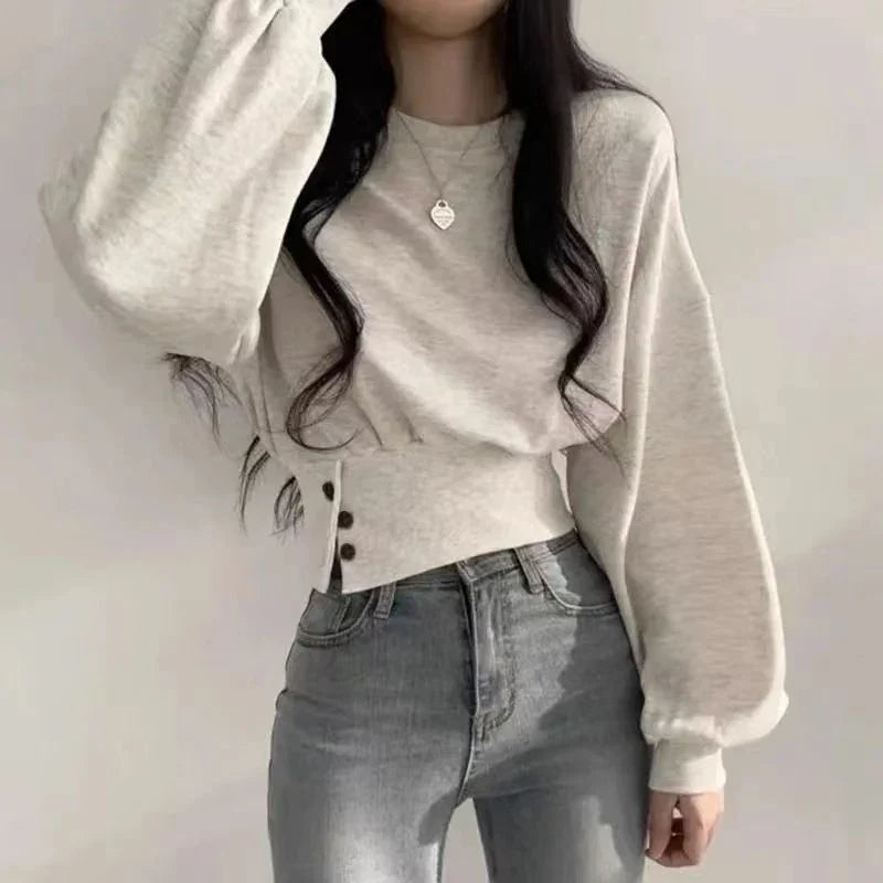 xsrrr FALL OUTFITS Autumn Women Solid O-Neck Slim Crop Top Lantern Sleeve With Button  Sweat Casual Hip-Hop Sporty Pullover Sweet Chic Street Wear