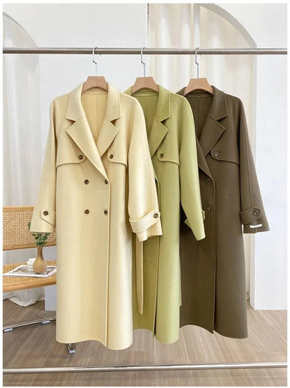 xsrrr Korean Style Fall And Winter Double Breasted Long 100% Wool Coats Women Handmade Suit Collar Loose Lace Up Woolen Jackets