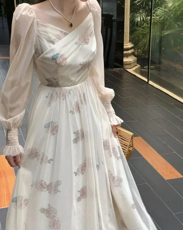 xsrrr Mesh Vintage Long Sleeve Midi Dress Women Casual Korean V-neck Long Fairy Dresses Elegant Women's Dresses for Party 2024 Spring