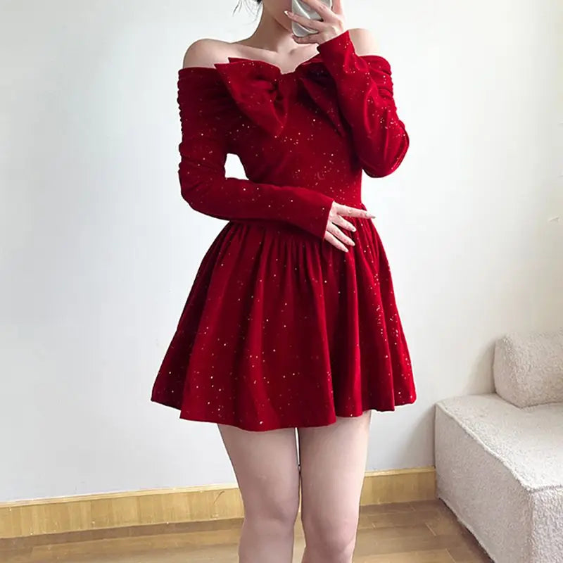 xsrrr NEW YEAR DRESS Holiday Christmas Bow Velvet A-Line Red Dress Slim Slash Neck Long Sleeve Mini Dresses For Women Autumn Winter Lady