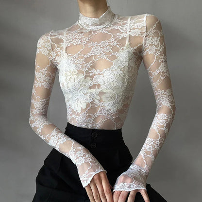 xsrrr Transparent Lace Crop Top Women Elegant Sexy Solid White Long Sleeve Slim T-shirt Korean Fashion Shirts y2k Aesthetic Tee