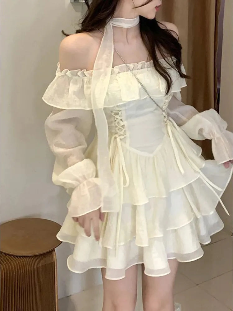 xsrrr Summer Elegant Ruffles Fairy Dress Women Casual Sweet Lolita Party Dress Long Sleeve One Piece Dress Korean Female Fashion