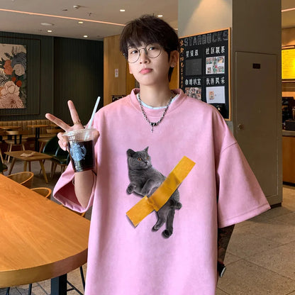 Summer Cartoon Cat Print T-shirt Men Fashion Retro Suede Tshirts Streetwear Hip Hop Loose Round Neck Oversized T Shirt Mens Tops