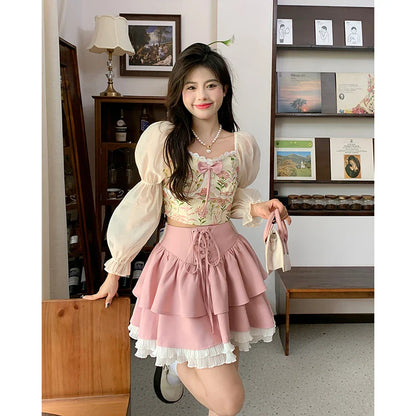 xsrrr Autumn Pink Kawaii Mini Skrts Women Lace Patchwork Korean Fashion Party Skirt Female Casual Chic Designer Bandage Skirts