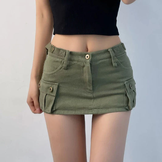 xsrrr Denim Cargo Mini Skirt Women Korean Style Low Waist Slim Sexy Vintage Streetwear Green Jean Skirt Y2k Girl Summer