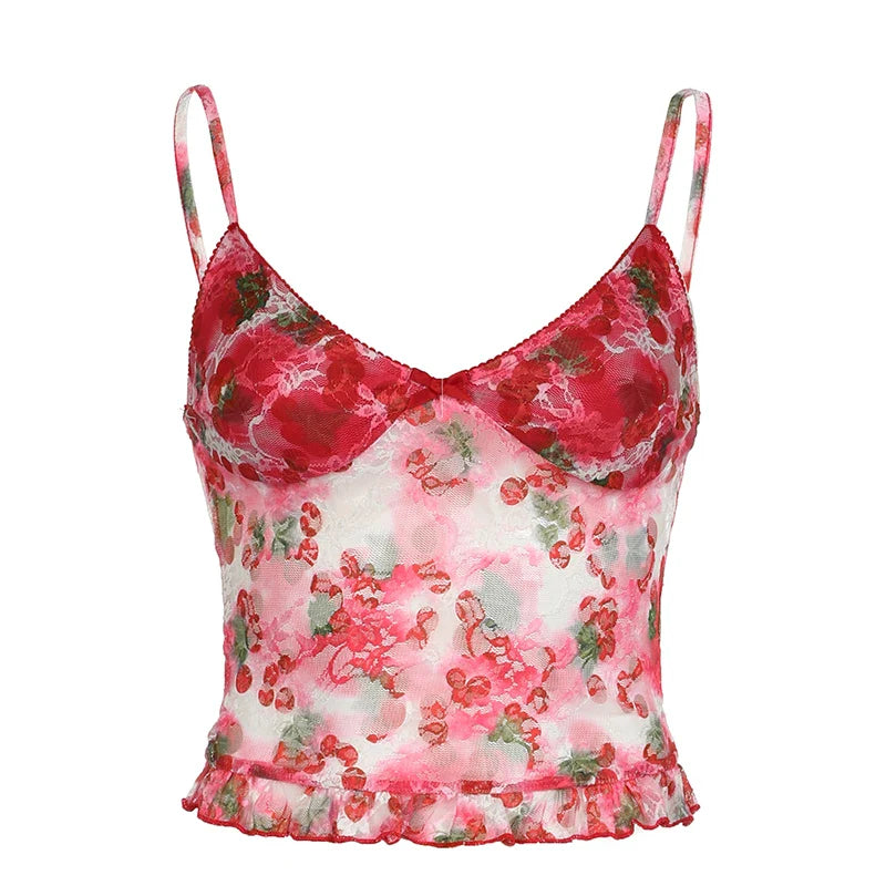 xsrrr Vintage y2k Mesh Crop Top Women Summer Floral Print Sleeveless Patchwork Spaghetti Strap Tops Ladies Sexy Aesthetic Tees