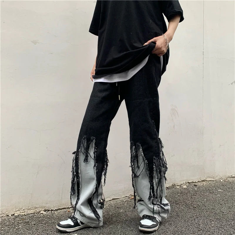 Loose Stitching Tassel Straight Jeans Four Seasons Street Washing Hip Hop Street Slim Pants Casual Wild Denim Trousers Oversize