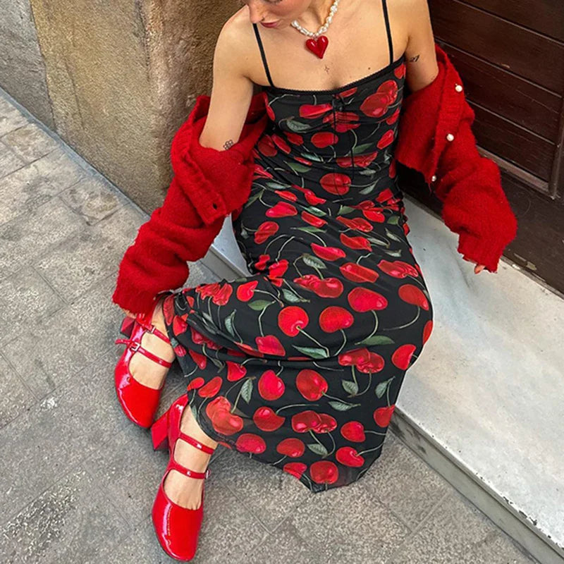 xsrrr Spaghetti Strap Elegant Summer Long Dress Cherry Printed Fashion Folds Beach Holidays Sundress Sexy Women's Dresses