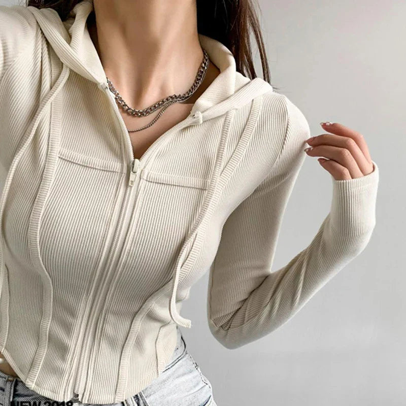 xsrrr Thin Hooded Cardigan Women Korean Vintage Slim Summer Solid Sports Jacket Vertical Pit Stripe Zipper Female Sexy Cropped Tops