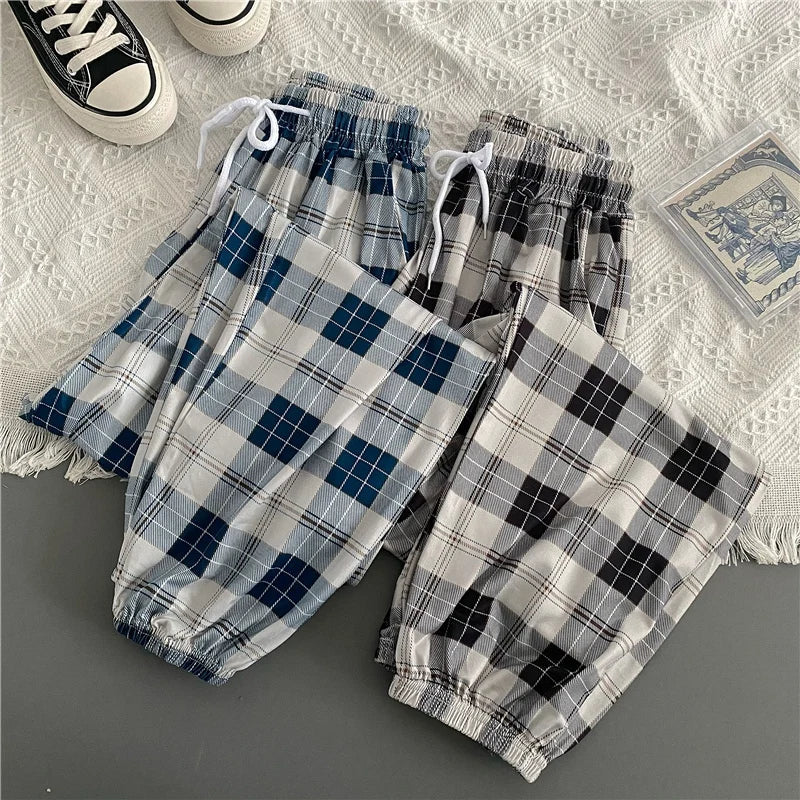 xsrrr Casual Pants for Women Korean New Fashion Loose Black Plaid Summer Harajuku Students Harem Long Pants Streetwear Trousers Chic