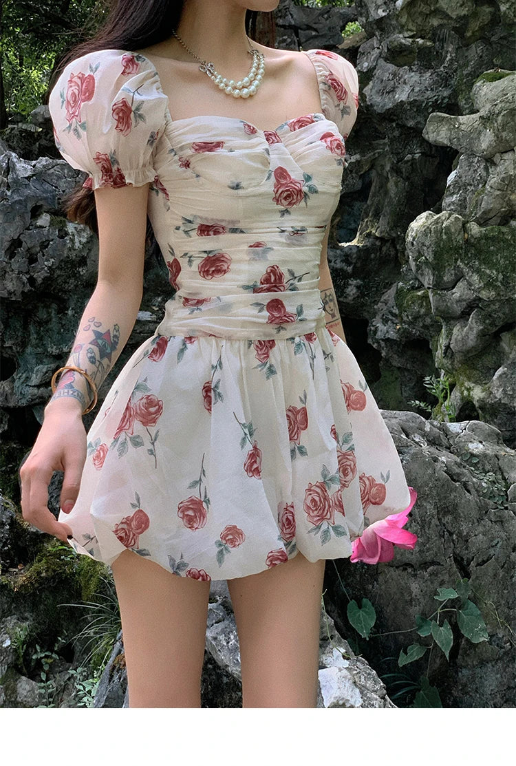 xsrrr Sweet Floral Sexy Strap Dress Women Folds Designer Casual  Mini Fairy Dress Female 2024 Summer Puff Sleeve Korean Princess Dress