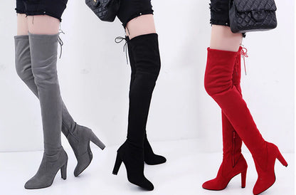 Hnewly Women Spring Autumn New Fashion Side Zipper Long Boots Were Thin High-heeled Thick Suede Over-the-knee Ladies Black Gray Shoes