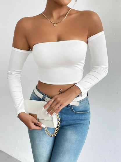 xsrrr Off Shoulder Crop T-Shirt, Casual Long Sleeve Top For Spring & Fall, Women's Clothing