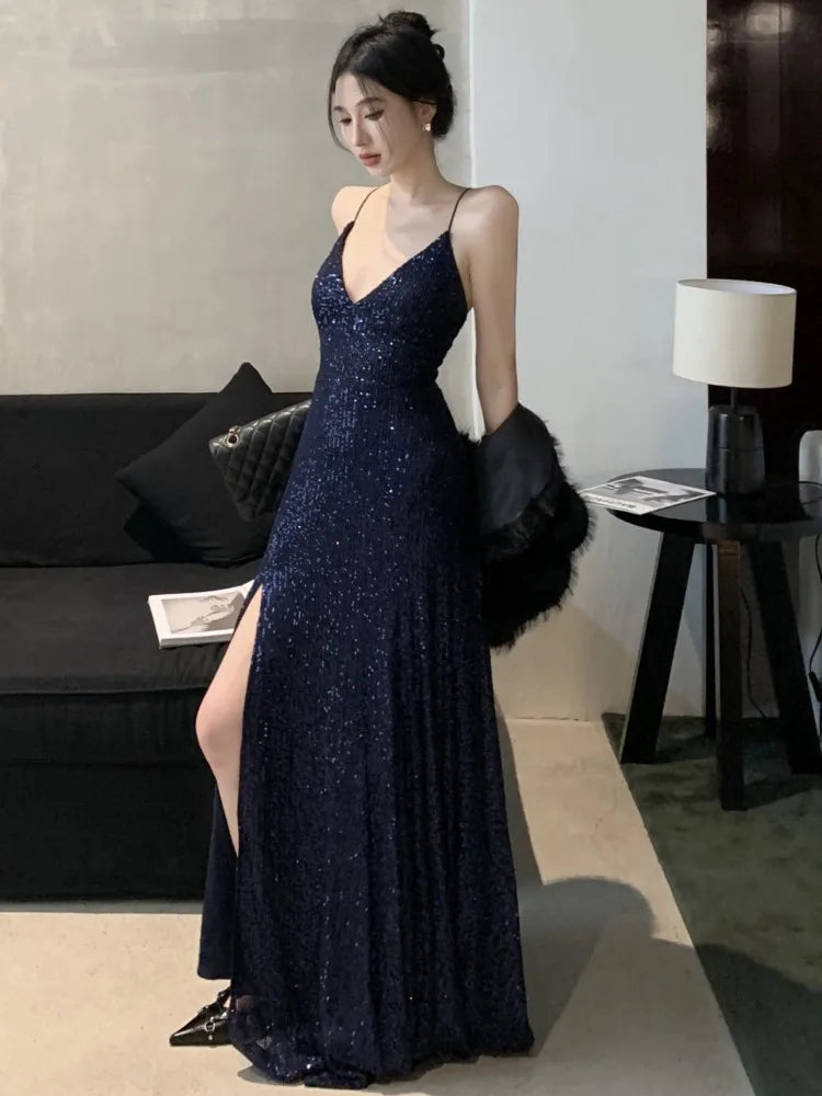 xsrrr Women's Backless V-Neck Split Maxi Dress Sexy Slim Evening Gown Luxury Dresses Fashion Robe Birthday Party Spring Autumn New