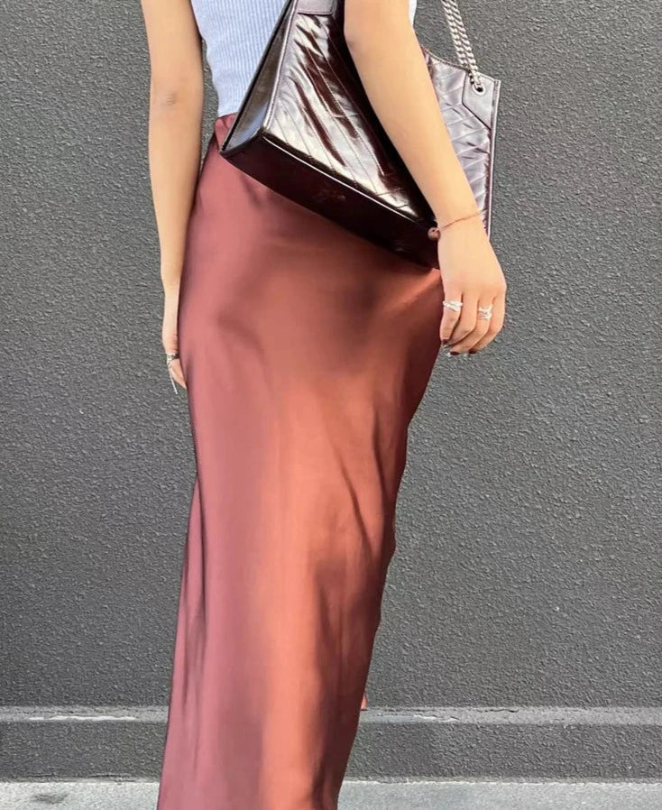 xsrrr Silk Satin Skirts for Women 2024 Summer Casual Style A-line Solid Color Elastic High Waist Side Slit Champagne Skirt