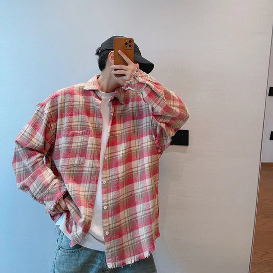 2024 Loose Casual Pink Plaid Shirt Tops men's Clothing Autumn Retro Versatile Cotton Lapel Oversize Long Sleeve Shirt Blouse