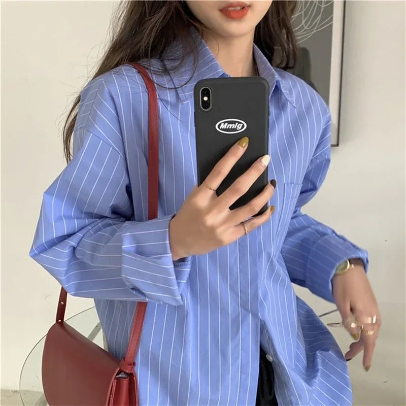 xsrrr Shirts Women Blue Striped Loose Harajuku Long Sleeve Casual Spring Tops Students All-match Fashion Simple Korean Ulzzang Chic BF