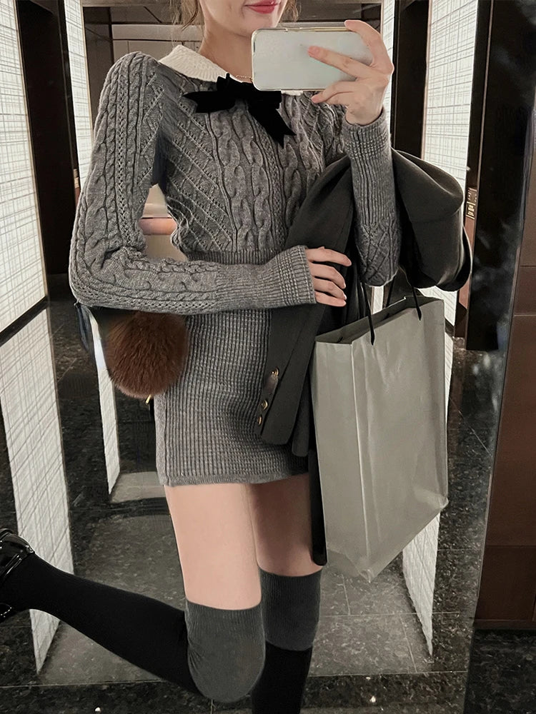 xsrrr Autumn Knitted 2 Piece Dress Set Women Sexy Bodycon Mini Skirt + Long Sleeve Short Sweater Female Retro Casual Korean Suit