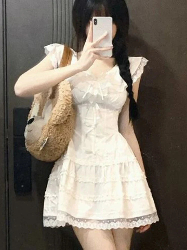 xsrrr Y2k Coquette White Lolita Sweet White Kwaii Cute Mini Dress Women Lace Bow Princess Slip Lace Short Dresses 2024 Fashion