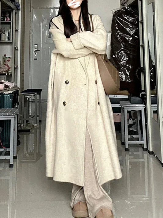 xsrrr Winter Korean Long Woollen Coat Women Double Breasted Chic Warm Loose Casual Coat Female Fashion Office Lady Trench Jackets