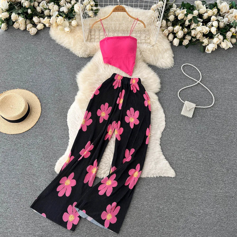 xsrrr Summer Spaghetti Strap Crop Tops and Pantsuit Women Elegant Floral Casual Chic Beach Holiday Outfits Female Sexy 2 Pieces Set