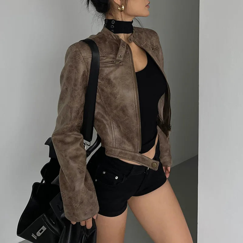 xsrrr Stand Collar Jacket Leather Short Coat Women Autumn New Straight Tube Slim Short Motorcycle Jacket Korean Sweet