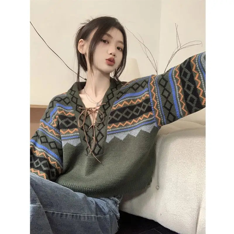 xsrrr Vintage Sweaters Women Lace-up Elegant Cozy V-neck Trendy Ladies BF Style Pullovers Ulzzang Knitwear Classic High Street Autumn