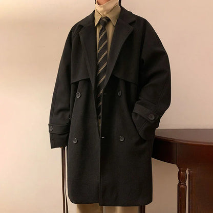 Mens Gray German Woolen Coat Autumn Winter Mid-Length Thickened High-End Retro Elegant Handsome Comfortable Coat Oversize