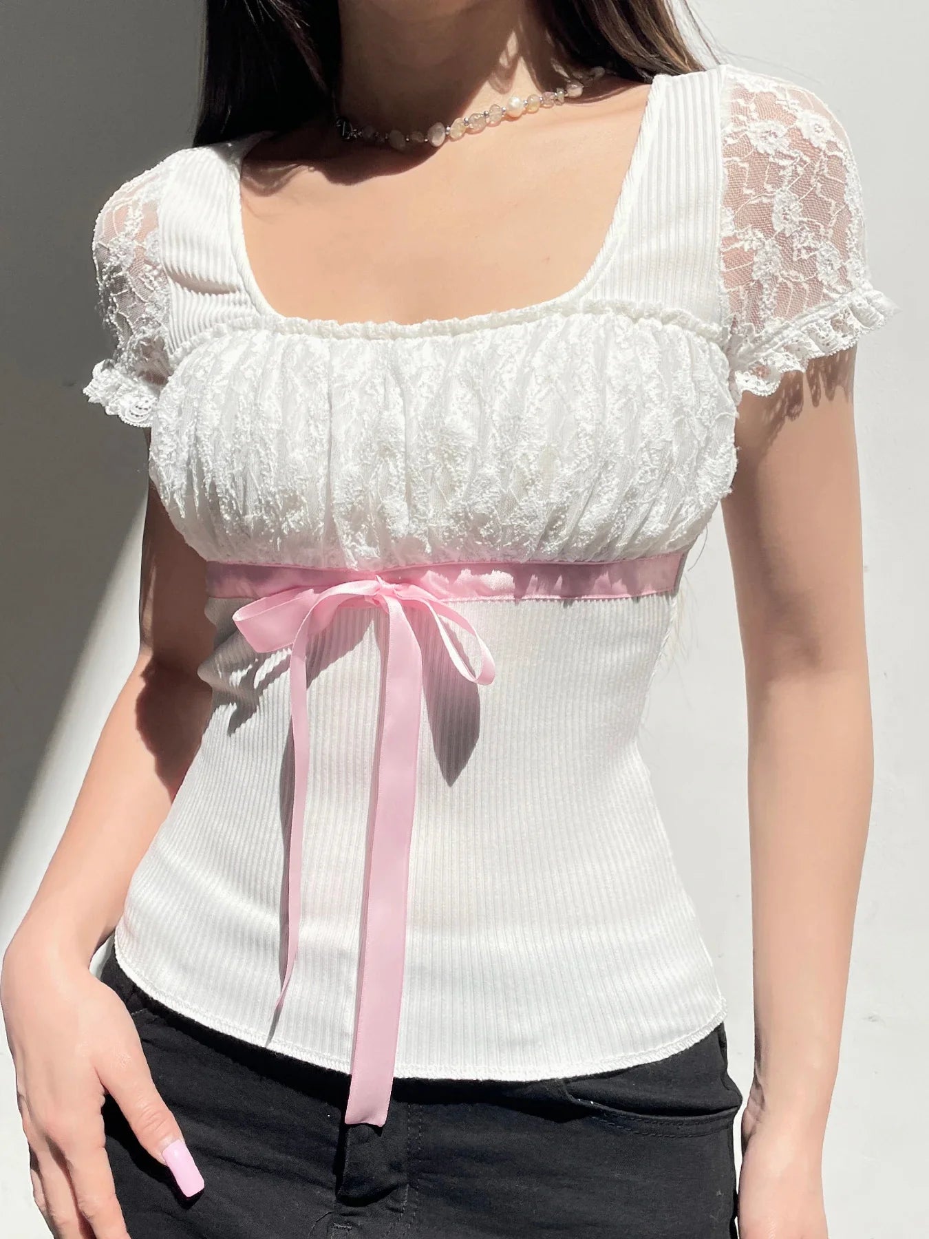 xsrrr Sweet Y2K Ruched Square Collar Lace Sleeve White T Shirt Women Pink Bow Cute Kawaii Balletcore Clothes