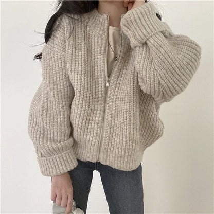 xsrrr Autumn Women's Knitted Jacket New Korean Chic Casual Sweater Coat Solid Color Zipper Thick O Neck Cardigans Women