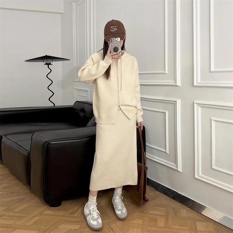 xsrrr Korean Lazy Style Women Knitted Sweater Casual Set Autumn Winter Hooded Zipper Cardigan Tops Knitwear Long Skirt Two-piece Suit