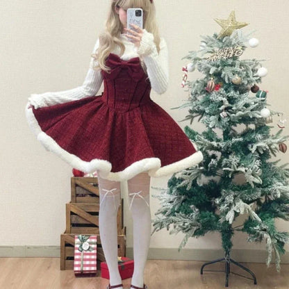 xsrrr Christmas Outfits Sweet Lolita Style Dress Sets Women Elegant Bow Plush Shawl Short Jackets Mini Skirts Suit Kawaii Christmas New Year 3 Piece Set