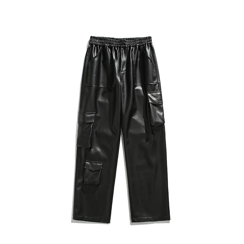 Black Leather Pants Men Oversized Retro Pocket Cargo Pants Men Streetwear Hip-hop Loose Wide Leg Pants Mens Motorcycle Trousers