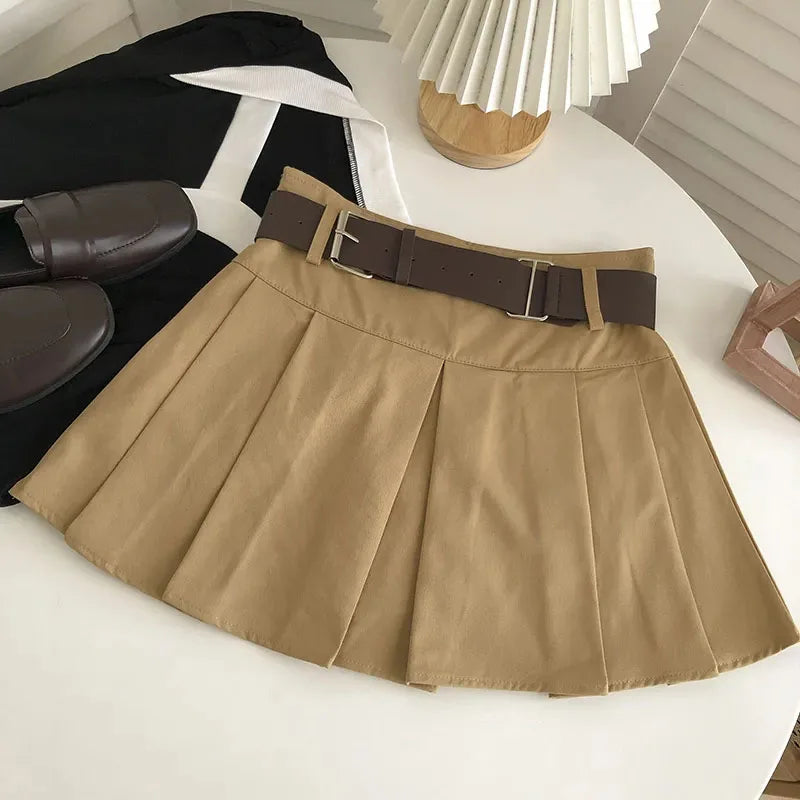 xsrrr High Waist with Belt Pleated Skirts Women Y2K Summer Korean Streetwear Mini Skirt Female Solid Preppy All Match A Line Skirt New