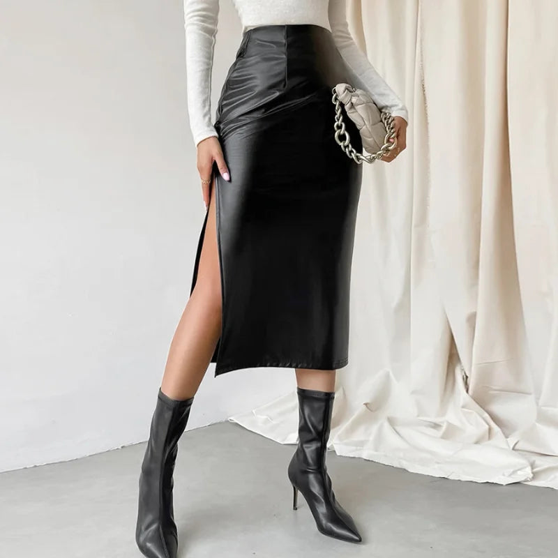 xsrrr Black Leather Skirts Women Fashion High Waist PU Long Skirt Splits Streetwear Autumn Female Elegant Solid Office Casual