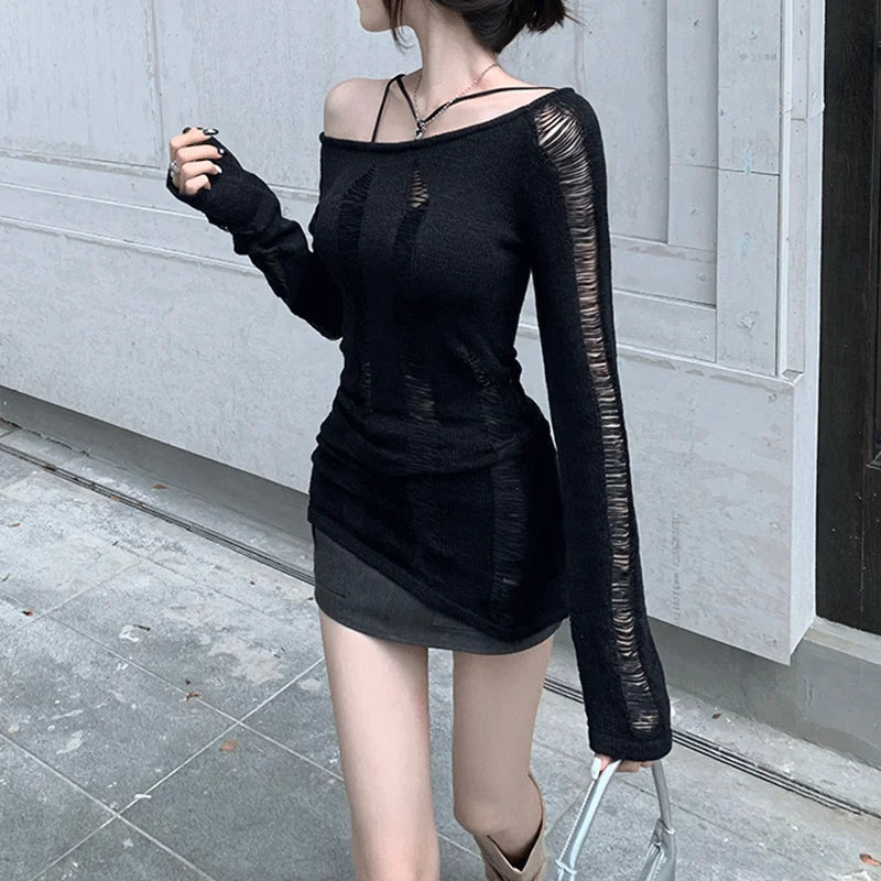 xsrrr BACK TO SCHOOL OUTFIT Women Dark Goth Split Hole Knit Sweaters Black Gothic Lady Hollow Out Cool Pullover Sweater Autumn Sexy See Through Pull Jumpers