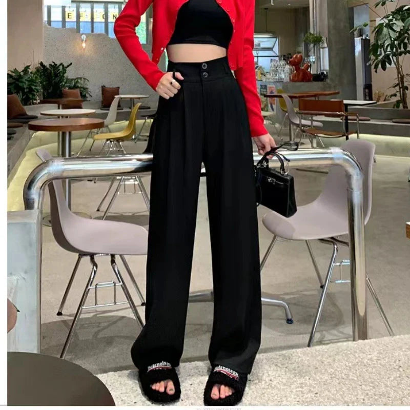 xsrrr Women’s Wide Leg Pants Women Korean Style High Waist Black Trouser Office Ladies Fashion Loose Grey Suit Trousers Streetwear