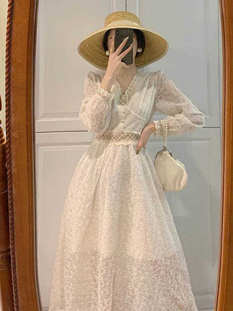 xsrrr Summer Elegant Lace Fairy Dresses Women Embroidery Mesh Sweet Party Long Dress Female Elegant Korean Lolita Princess Dress