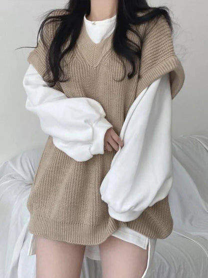 xsrrr Autumn Winter Vest Women Korean Style Knitted Sweaters Female Oversized Preppy Jumper Ladies Casual Loose Long Sleeve Pullovers