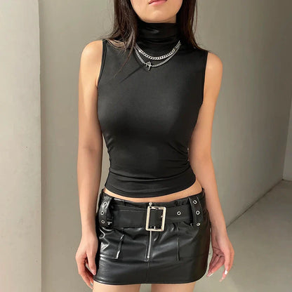 xsrrr Solid Turtleneck Crop Top Women Sleeveless Skinny Basic Tank Tops y2k Streetwear Ladies Tees Summer Harajuku Vest Casual