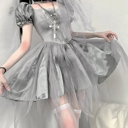 xsrrr DRESS TO IMPRESS Gothic Lolita Mini Dress Women Vintage Puff Sleeve Mesh Party Dresses Halloween Ghost Bride Witch Cosplay Costumes Role Play Set