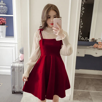 xsrrr Spring New Elegant Two Piece Dress for Women Women Winter Korean A-Line O-Neck Tops and Black Sundress Streetwear Dress Vestidos