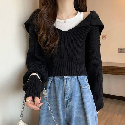 xsrrr Long Sleeve Cropped Sweater Women Autumn Winter Turn Down Collar Knitted Jumper Woman Korean Style Solid Color Jerseys