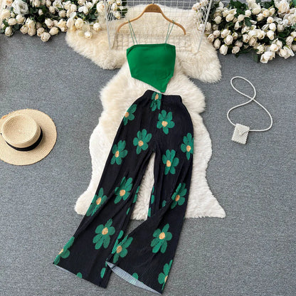 xsrrr Summer Spaghetti Strap Crop Tops and Pantsuit Women Elegant Floral Casual Chic Beach Holiday Outfits Female Sexy 2 Pieces Set