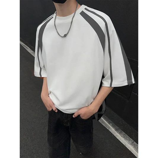 Summer Cotton Short Sleeved T-shirt Men Oversized Casual Striped T Shirt Men Streetwear Korean Loose Round Neck T Shirt Mens Top