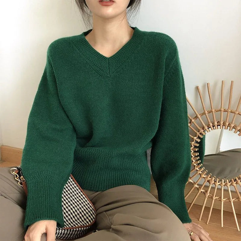 xsrrr New Autumn and Winter Fashion Lazy Style Retro Japanese V-neck Loose Versatile Slim and Fashionable Long Sleeve Women's Sweater