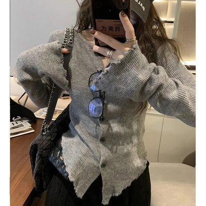 xsrrr Y2k Grey Vintage Women Kint Sweater Harajuku Long Sleeve Cardigan Irregular Korean Fashion Slim Autumn Jerseys Casual