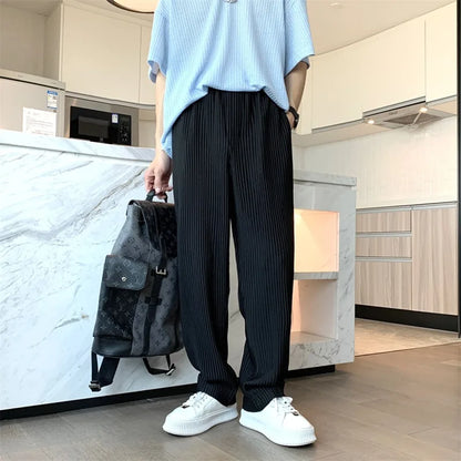 Summer Pleated Pants Men Fashion Oversized Ice Silk Pants Men Japanese Streetwear Loose Straight Pants Mens Casual Trousers