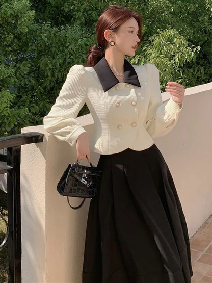 xsrrr DRESS TO IMPRESS Spring Elegant Two Piece Set Women Casual Slim Korean Coat + Black Pleated Gothic Vintage Midi Skirt Office Lady Skirt Sets