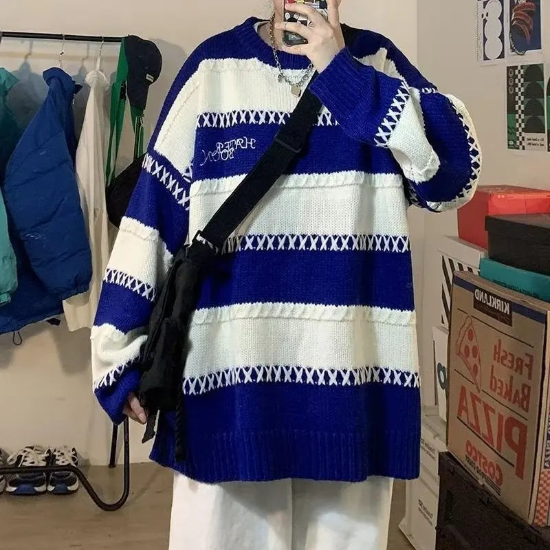 Patchwork Striped Men's Knitted Sweater Blue Pullovers Punk Black Sweaters Male Oversize Korean Streetwear Hip Hop